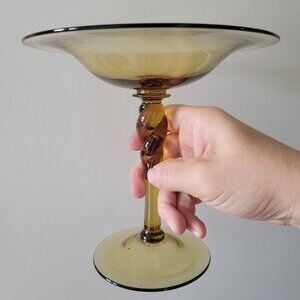 Vintage Stueben Glass Amber Braided Stem Compote #5194, Vtg Glass Pedestal Bowl
